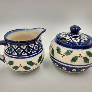 Boleslawiec  Holly Peacock Creamer Sugar